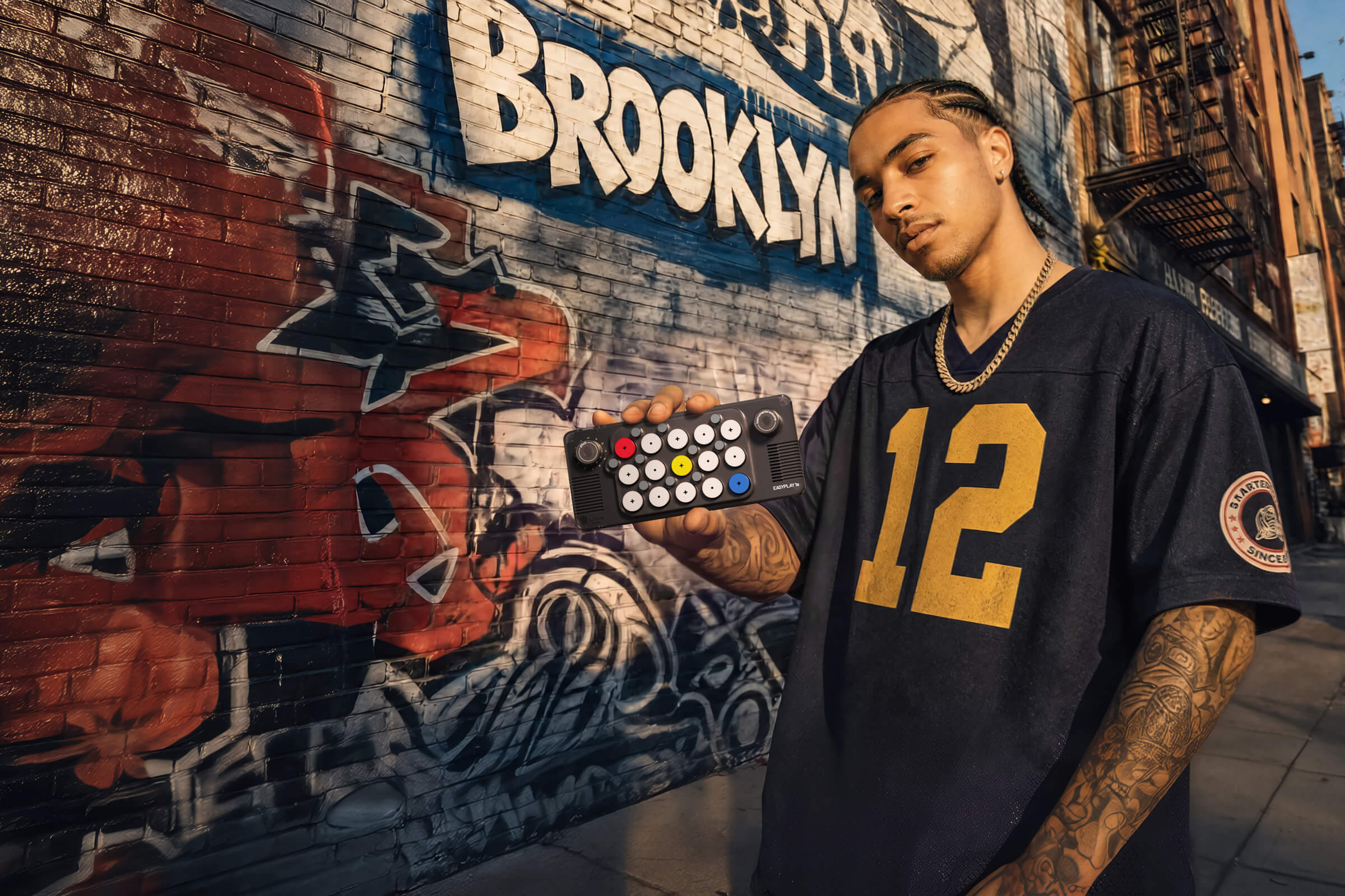Creator holding EASYPLAY 1S on a city street